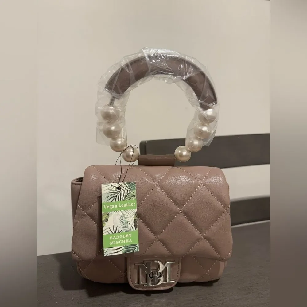 NWT Badgley Mischka Pearl Top handle Mini Quilted Handbag Taupe